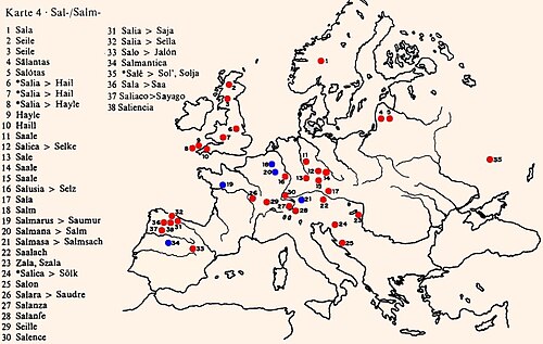 Carta hidronímica del antiguo indoeuropeo para la raíz Sal y Salm