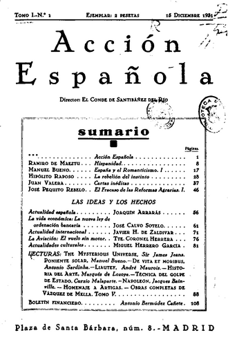 Portada del primer número de Acción Española, publicada el 15 de diciembre de 1931