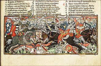 Ilustración medieval que muestra la Batalla de Vouillé entre francos y visigodos