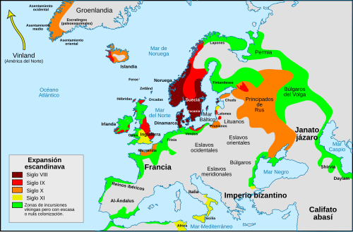 Mapa de las zonas de asentamiento vikingas