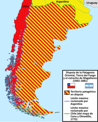 Mapa histórico representativo de la disputa limítrofe sobre la Patagonia Oriental, Tierra del Fuego y el estrecho de Magallanes