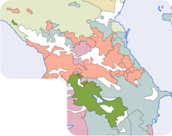 Representación cartográfica de las etnias autóctonas del Cáucaso destacadas en color rosado.