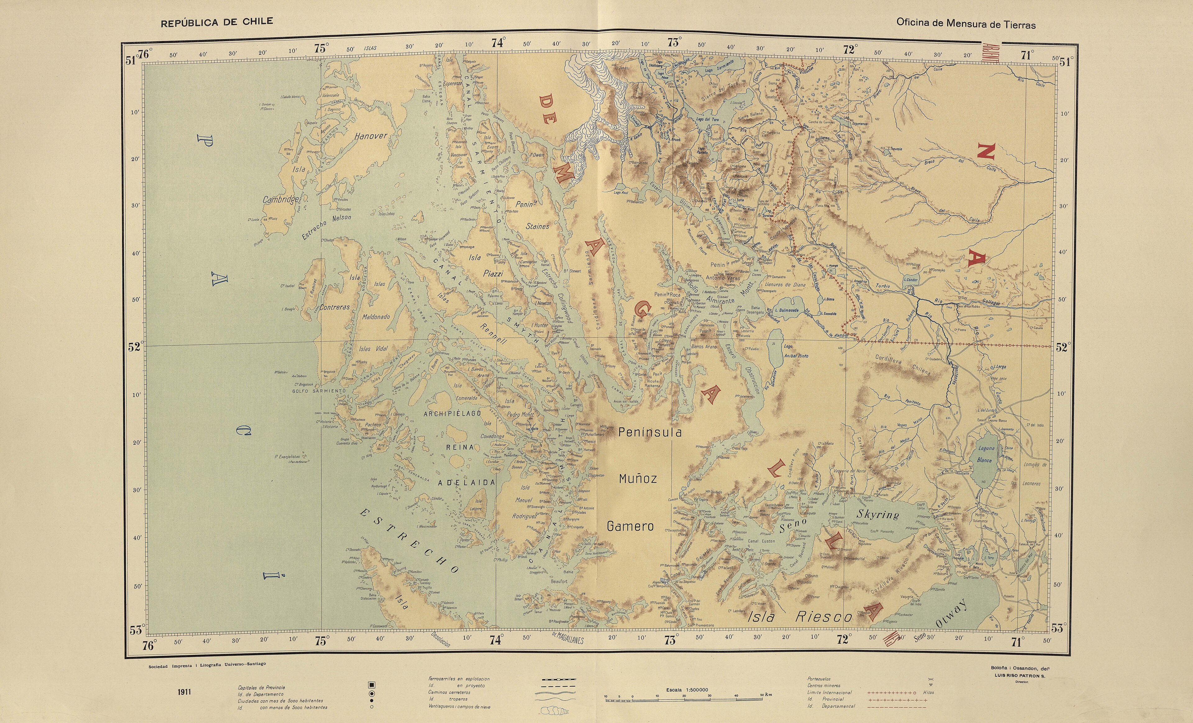 Mapa histórico elaborado por Luis Risopatrón en 1910 sobre la península Muñoz Gamero y sectores cercanos.