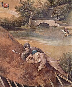 Detalle del tríptico Adoración de los Magos de Hieronymus Bosch que muestra a dos músicos tocando la gaita.