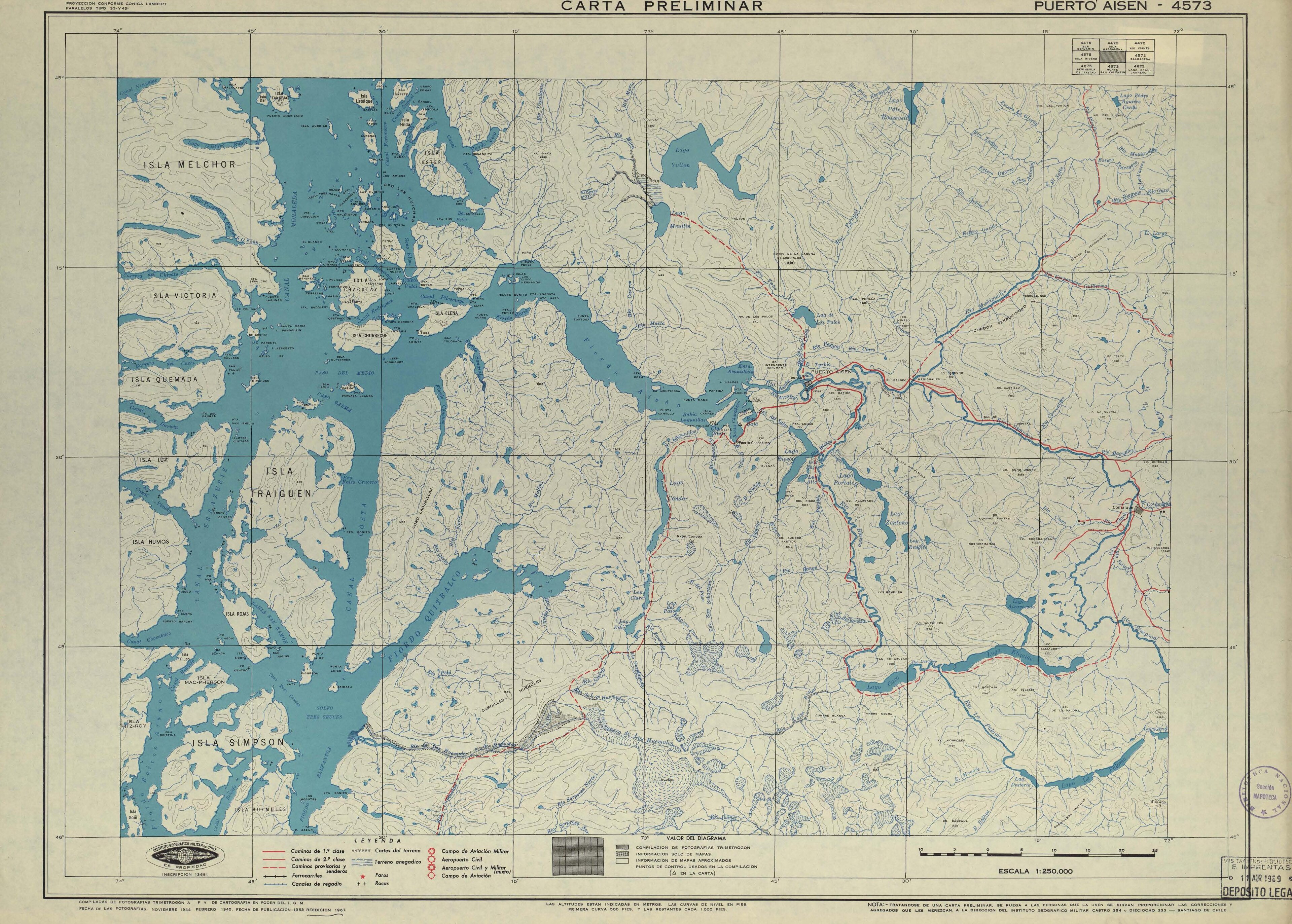 Mapa de la zona publicado por el Instituto Geográfico Militar de Chile en 1954