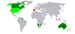Mapa mundial que ilustra los países que utilizan denominaciones monetarias llamadas dólar