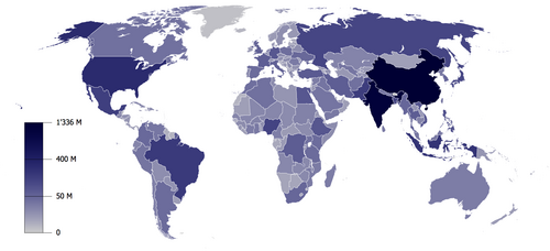 Mapa de la población mundial por países según estimaciones del año 2009.