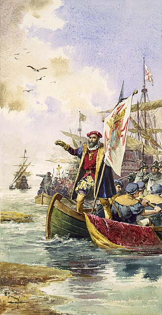 Pintura de Vasco da Gama al llegar a la India