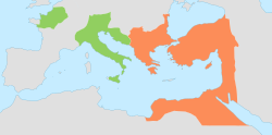 Mapa que muestra el Imperio romano oriental y occidental en 476