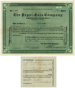 Una acción de la Compañía Pepsi-Cola emitida el 5 de abril de 1922