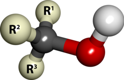 Modelo de barras y esferas de la estructura molecular de un alcohol con el grupo hidroxilo