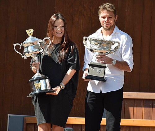 Stan Wawrinka junto a Li Na en la presentación previa al Abierto de Australia.