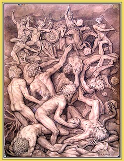 Gigantomaquia representada en un dibujo antiguo