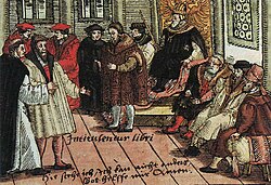 Representación artística de Martín Lutero defendiendo sus posturas ante las autoridades en la Dieta de Worms.