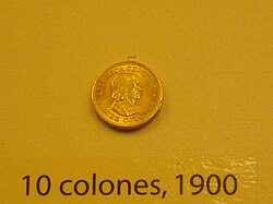 Moneda de 10 colones costarricenses de 1900 con la efigie de Cristóbal Colón