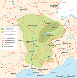 Mapa histórico que muestra el territorio del Segundo Reino Burgundio entre 443 y 476.