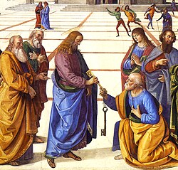 Fresco de la Capilla Sixtina que representa la entrega de las llaves a San Pedro por Perugino
