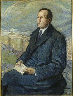 Retrato de Azorín con Ávila de fondo