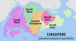 Esquema territorial de los cinco Consejos de Desarrollo Comunitario en Singapur.