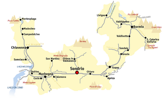 Mapa topográfico e hidrográfico de la Valtellina y la provincia de Sondrio.