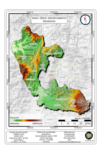 Mapa físico del departamento de Risaralda, con sus respectivos municipios y ríos principales.