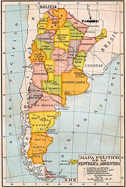 Mapa histórico que muestra la división política de Argentina hacia 1940