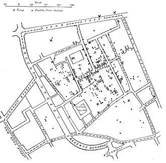 Mapa original del Dr. John Snow mostrando los casos de muerte por cólera en Londres en 1854.