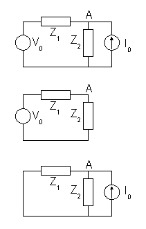Esquemas de un circuito eléctrico original y sus respectivas modificaciones para anular fuentes.