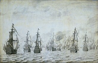 Pintura histórica que representa la Batalla de Dunkerque en 1639 por Willem van de Velde
