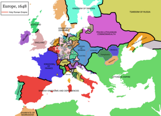Mapa simplificado de Europa después de la Paz de Westfalia en 1648