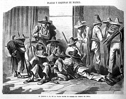 El ángulo sureste de la Plaza Mayor de Madrid en tiempo de siega, ilustración de 1862.