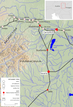 Mapa histórico de Pannonia con ciudades y calzadas