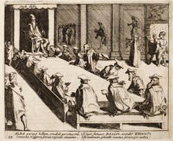 Grabado de 1616 que representa al Duque de Alba presidiendo uno de los tribunales