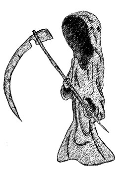 Representación de un dios de la muerte, con capa y guadaña.