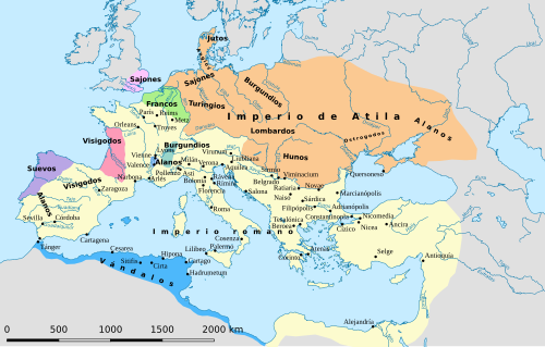 Mapa del mundo mediterráneo alrededor del año 450 d. C.