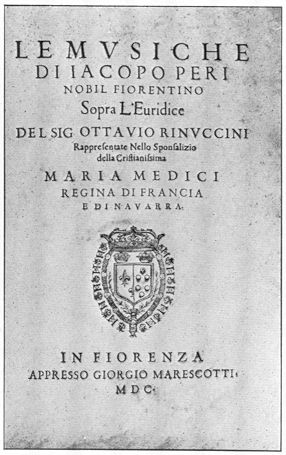 Portada de la partitura de Eurídice de 1600