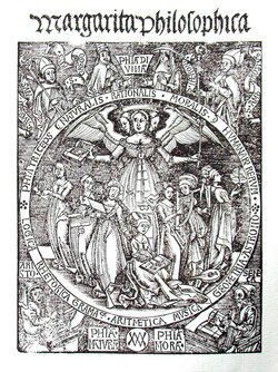 La filosofía triceps con las siete artes liberales, frontispicio de la Margarita philosophica de Gregor Reisch, 1503.