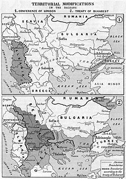 Mapa de los cambios fronterizos de las Guerras Balcánicas