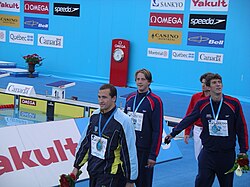 Michael Phelps celebrando en los Campeonatos Mundiales de Montreal