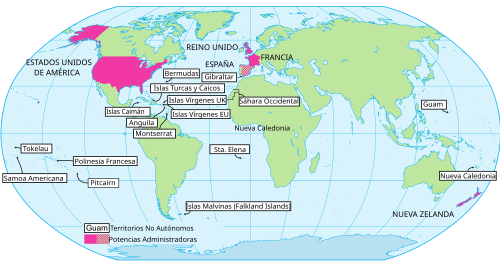 Mapa de los territorios no autónomos de las Naciones Unidas y potencias administradoras.
