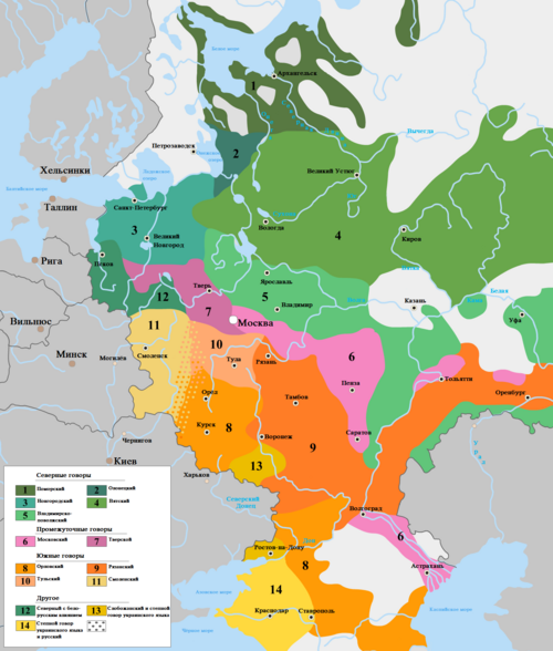 Mapa histórico de los dialectos del ruso hacia 1915