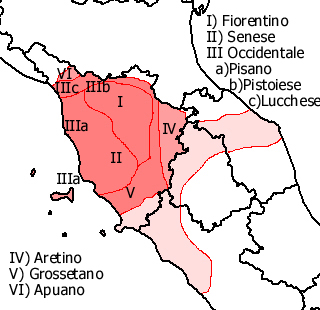 Mapa de distribución y características geográficas del área lingüística toscana