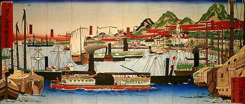 Nishiki-e que muestra un barco de vapor extranjero en el puerto de Hyōgo