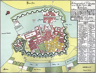 Mapa de Copenhague en 1728 elaborado por Joachim Hassing mostrando los edificios incendiados
