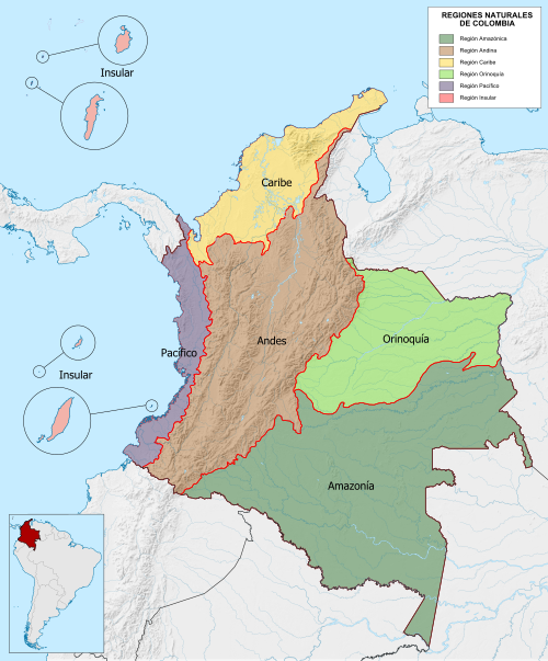 Mapa de las regiones naturales de Colombia diferenciadas por colores