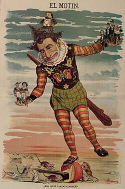 Caricatura de la revista El Motín de 1881 representando a Sagasta haciendo equilibrios políticos.