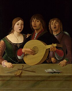 Un trío musical acompañado de un laúd en una obra renacentista.