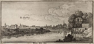 Grabado del río Rin con vistas de Estrasburgo en el siglo XVII