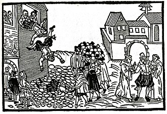 Grabado histórico que representa la Defenestración de Praga de 1618