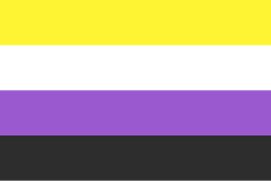 Bandera de la identidad no binaria con franjas horizontal amarilla, blanca, morada y negra